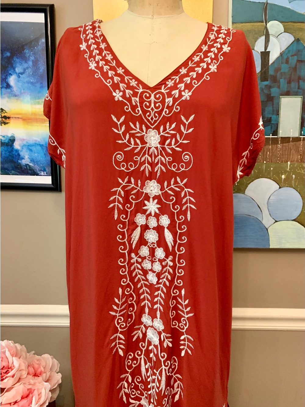 Embroidered V-Neck Maxi Dress in Rust with White Stitching swim cover-up